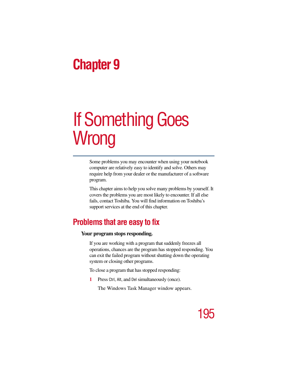 Chapter 9 - if something goes wrong, Problems that are easy to fix, Chapter 9: if something goes wrong | Shiba, see, If something goes wrong, Chapter 9 | Toshiba Satellite Pro 6000 Series User Manual | Page 195 / 295
