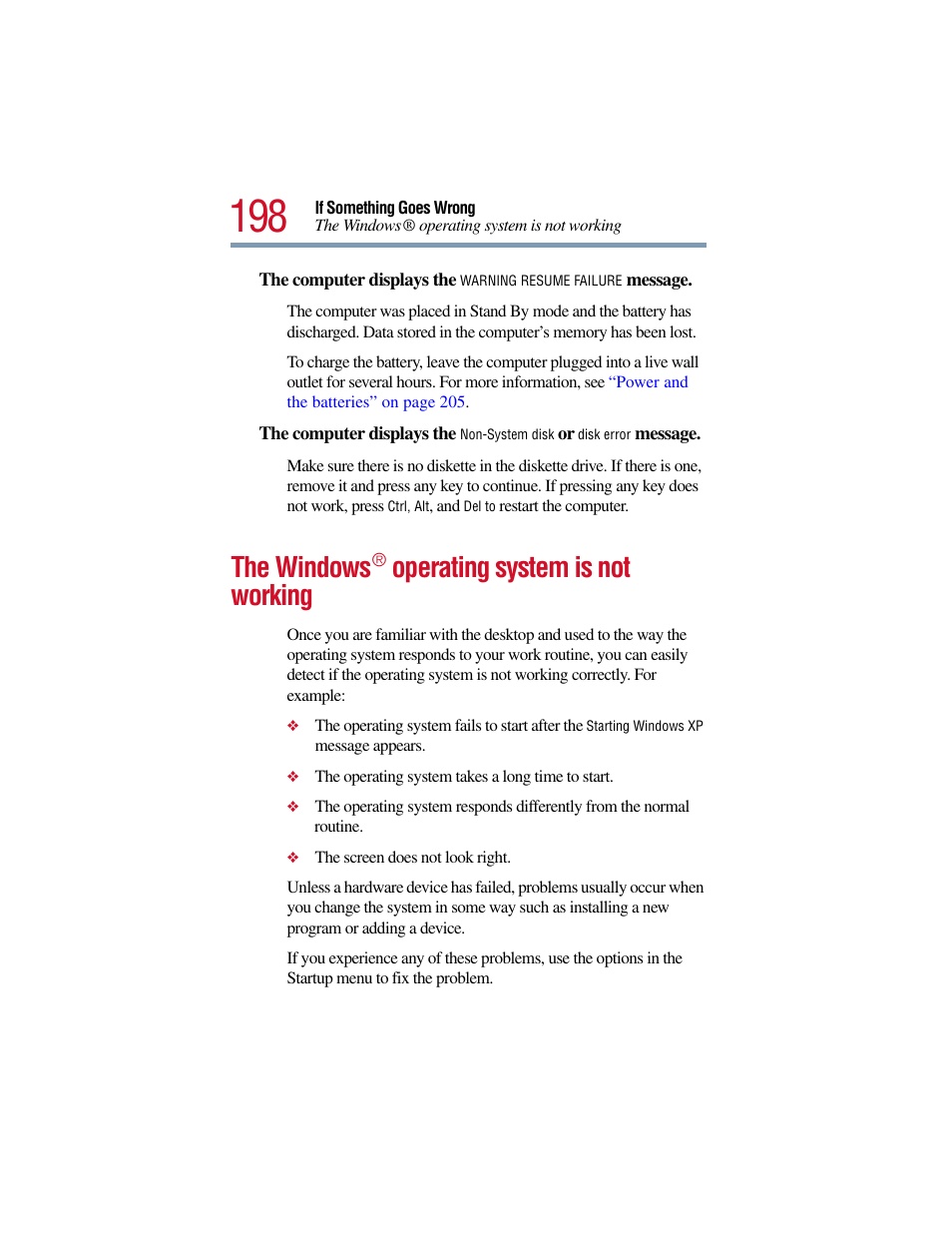 The windows® operating system is not working, The windows, Operating system is not working | Toshiba Satellite Pro 6000 Series User Manual | Page 198 / 295