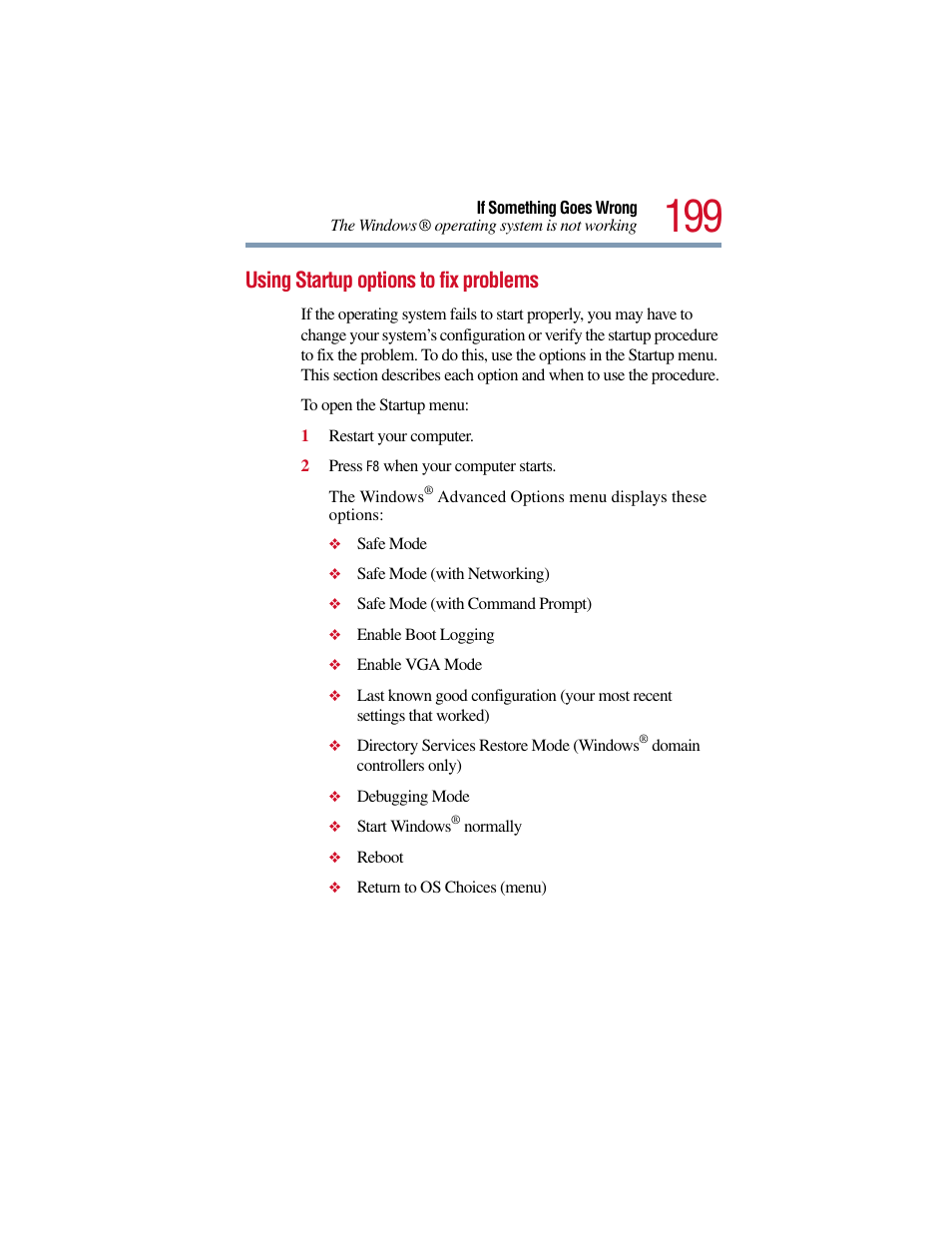 Using startup options to fix problems | Toshiba Satellite Pro 6000 Series User Manual | Page 199 / 295