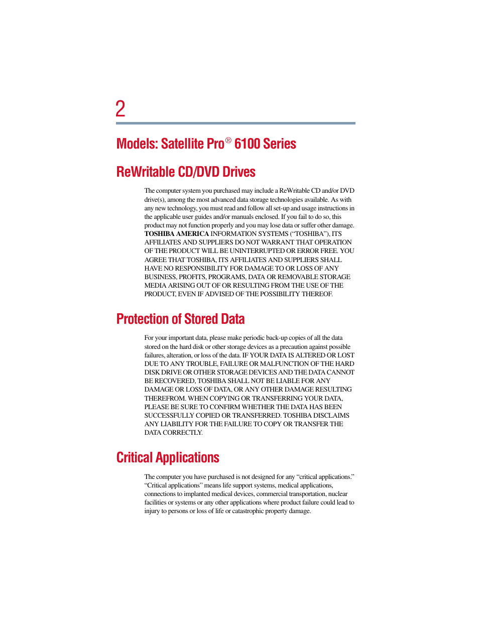 Models: satellite pro, 6100 series rewritable cd/dvd drives, Protection of stored data | Critical applications | Toshiba Satellite Pro 6000 Series User Manual | Page 2 / 295
