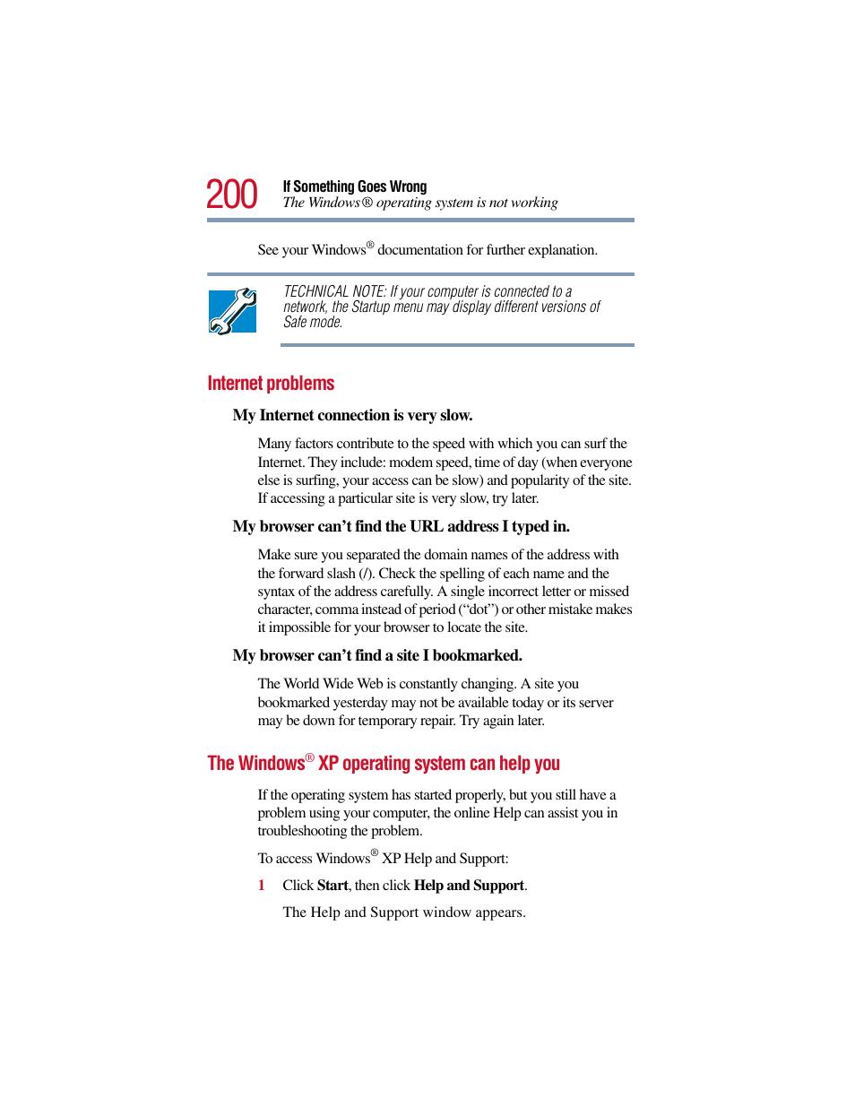 Internet problems, The windows® xp operating system can help you, Internet problems the windows | Toshiba Satellite Pro 6000 Series User Manual | Page 200 / 295