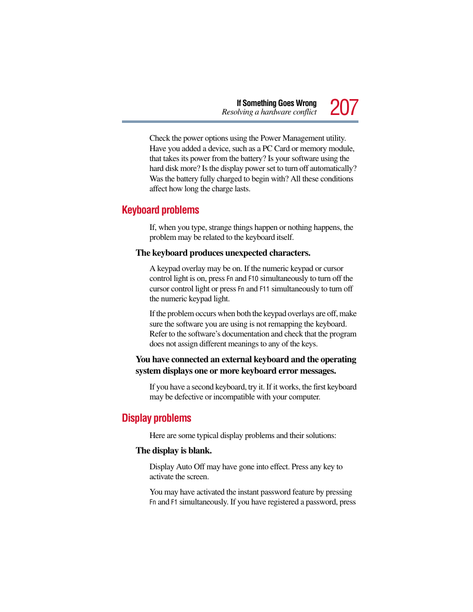 Keyboard problems, Display problems, Keyboard problems display problems | Toshiba Satellite Pro 6000 Series User Manual | Page 207 / 295