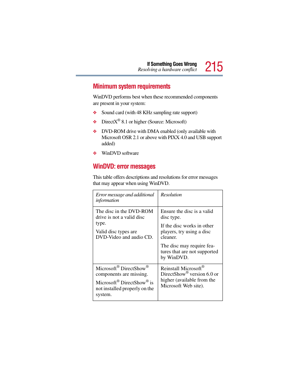 Minimum system requirements, Windvd: error messages | Toshiba Satellite Pro 6000 Series User Manual | Page 215 / 295