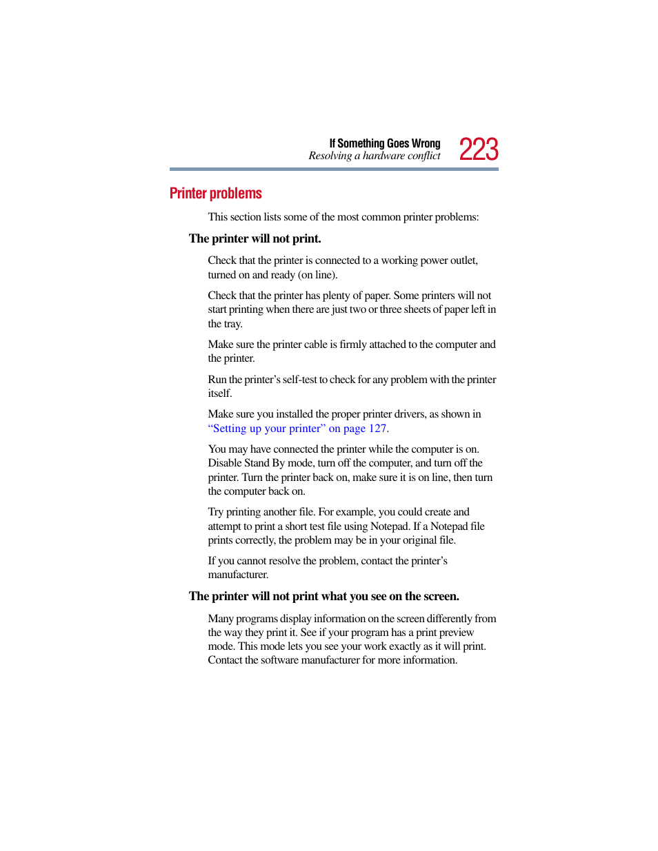 Printer problems | Toshiba Satellite Pro 6000 Series User Manual | Page 223 / 295