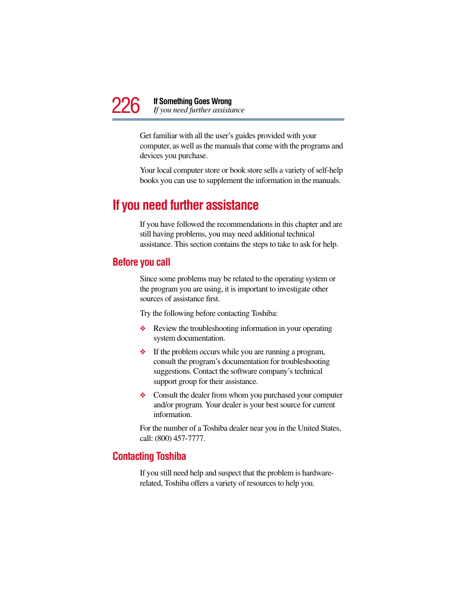 If you need further assistance, Before you call, Contacting toshiba | Before you call contacting toshiba, Contacting | Toshiba Satellite Pro 6000 Series User Manual | Page 226 / 295