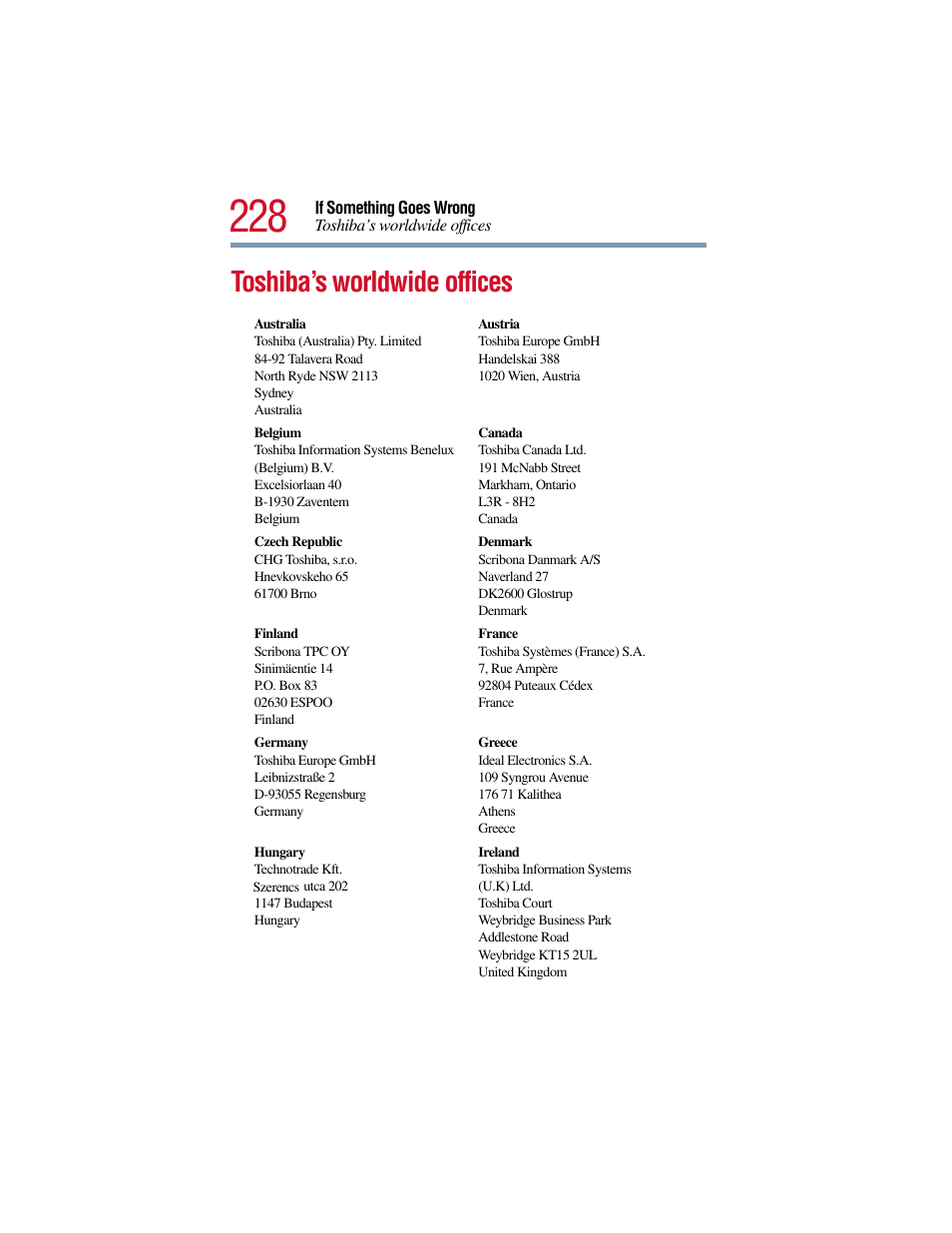 Toshiba’s worldwide offices | Toshiba Satellite Pro 6000 Series User Manual | Page 228 / 295