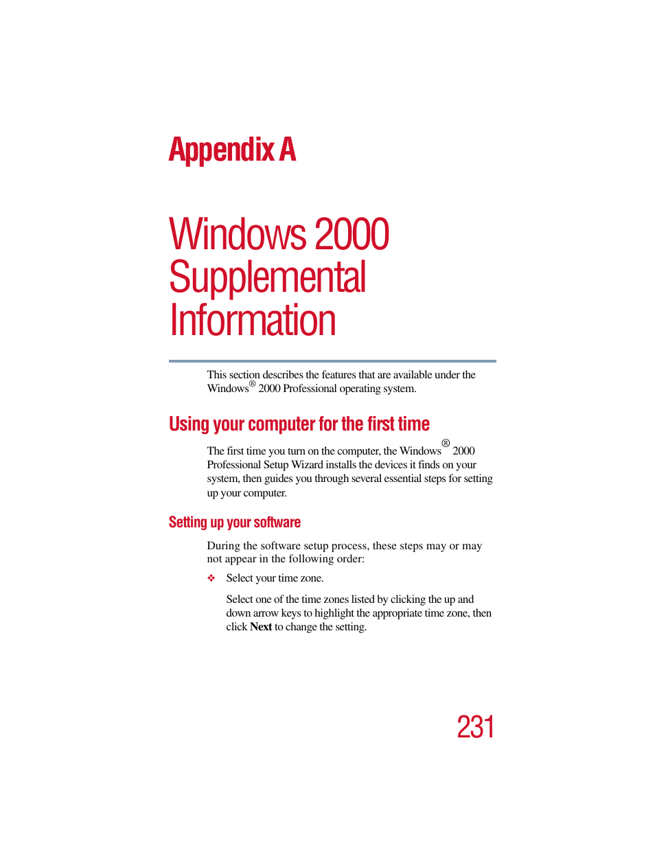 Appendix a - windows 2000 supplemental information, Using your computer for the first time, Setting up your software | Appendix a: windows 2000 supplemental information, Windows 2000 supplemental information, Appendix a | Toshiba Satellite Pro 6000 Series User Manual | Page 231 / 295