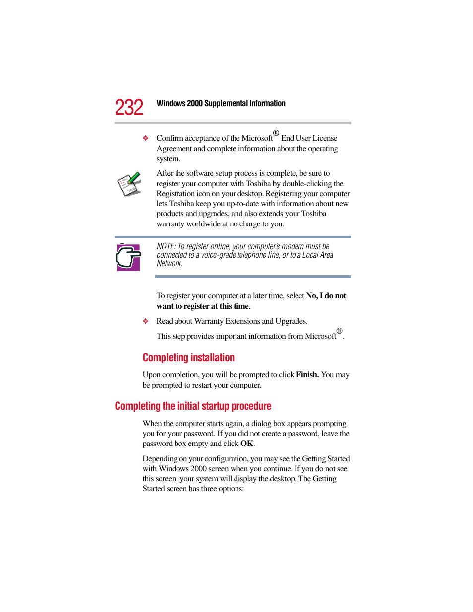 Completing the initial startup procedure | Toshiba Satellite Pro 6000 Series User Manual | Page 232 / 295