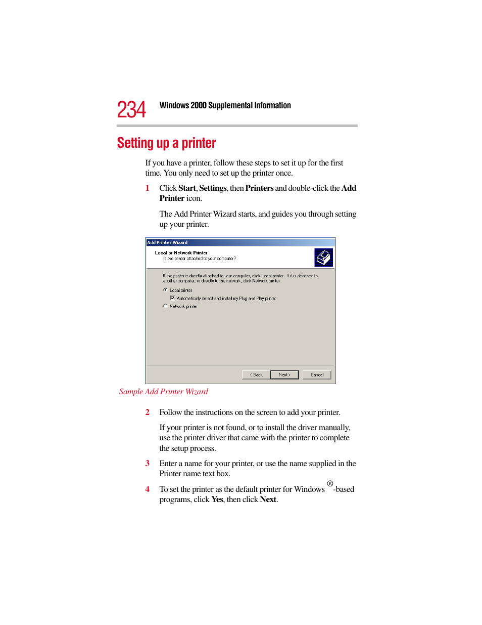 Setting up a printer | Toshiba Satellite Pro 6000 Series User Manual | Page 234 / 295