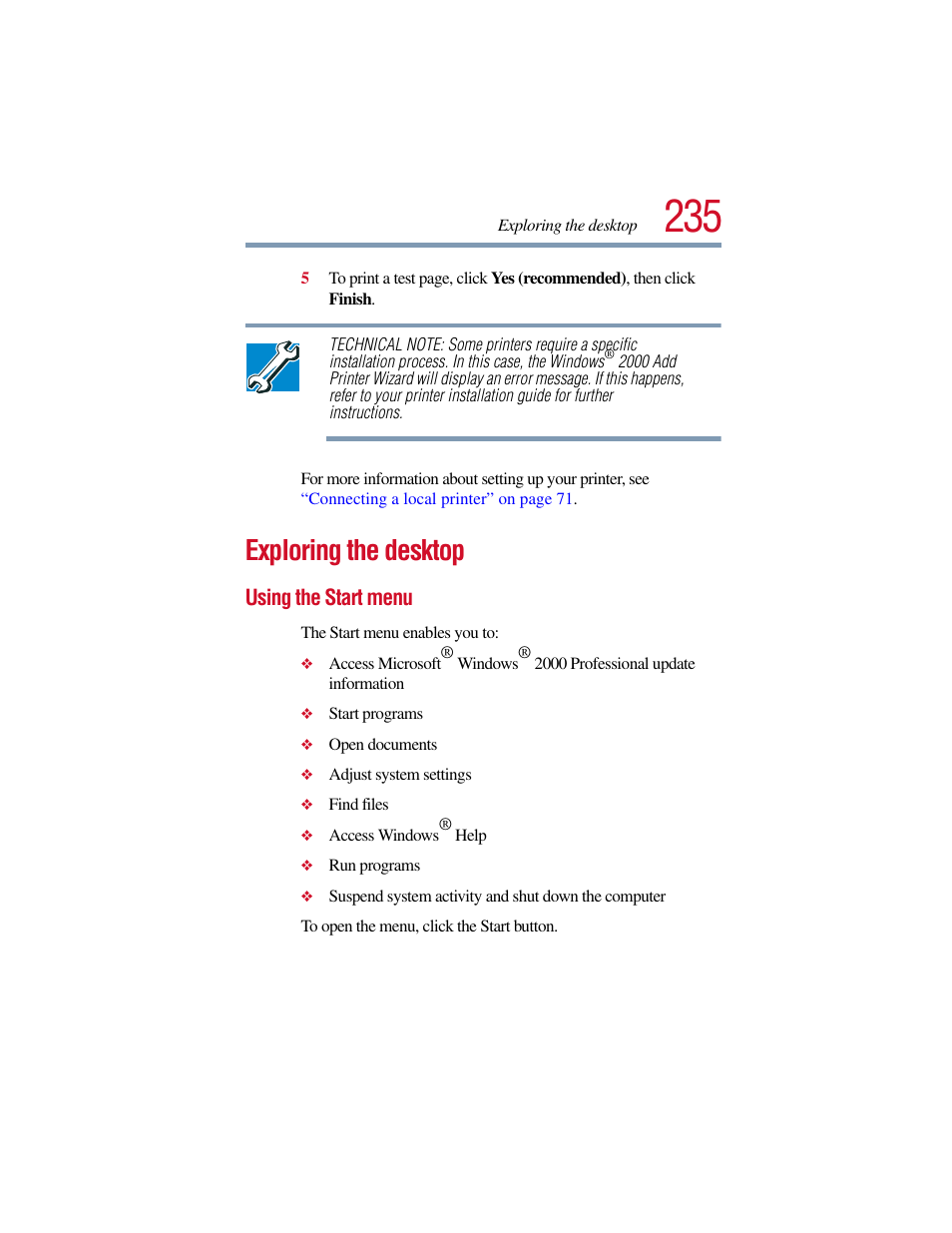 Exploring the desktop, Using the start menu | Toshiba Satellite Pro 6000 Series User Manual | Page 235 / 295