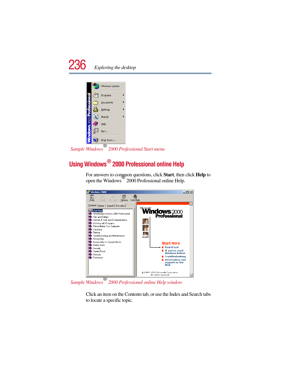 Using windows® 2000 professional online help, Using windows | Toshiba Satellite Pro 6000 Series User Manual | Page 236 / 295