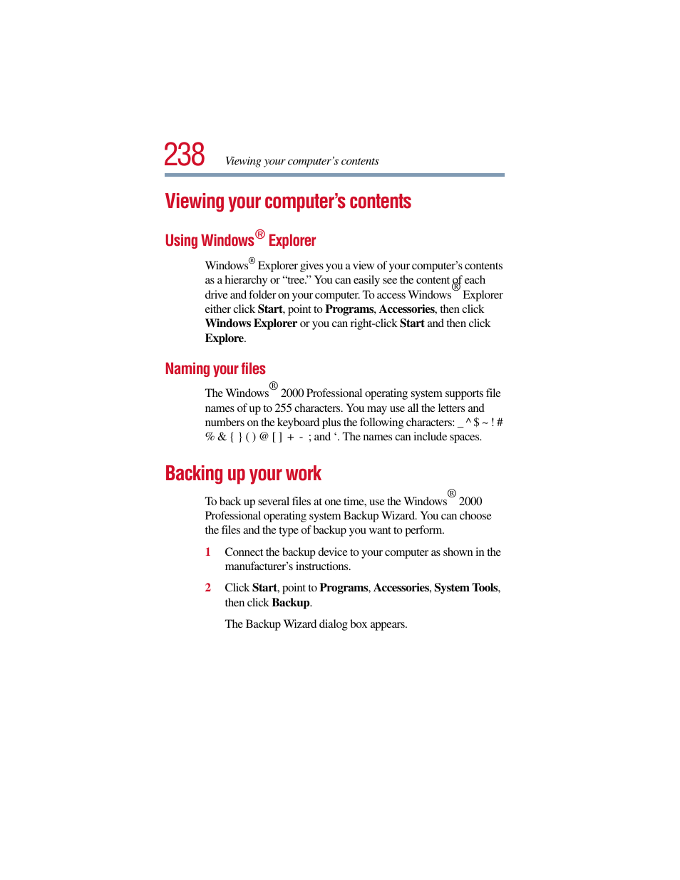Viewing your computer’s contents, Using windows® explorer, Naming your files | Backing up your work, Using windows | Toshiba Satellite Pro 6000 Series User Manual | Page 238 / 295