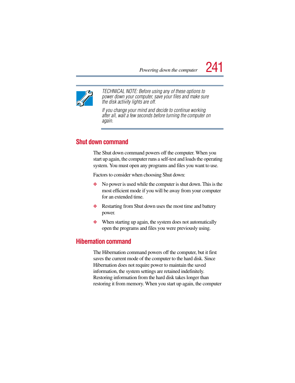 Shut down command, Hibernation command, Shut down command hibernation command | Toshiba Satellite Pro 6000 Series User Manual | Page 241 / 295