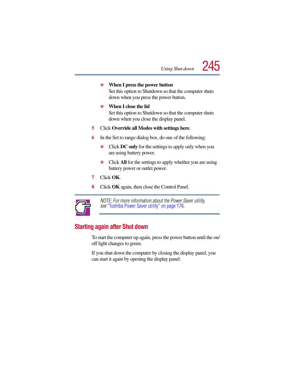 Starting again after shut down | Toshiba Satellite Pro 6000 Series User Manual | Page 245 / 295
