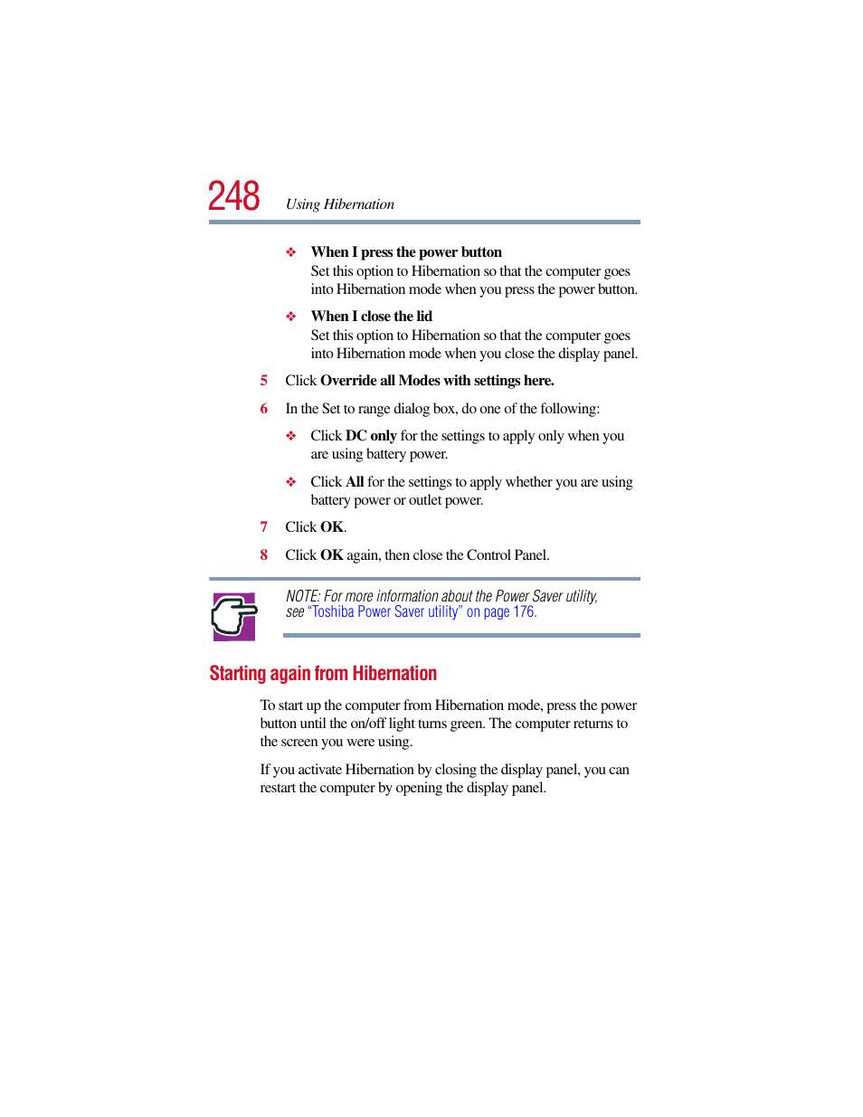 Starting again from hibernation | Toshiba Satellite Pro 6000 Series User Manual | Page 248 / 295