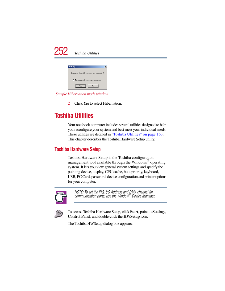 Toshiba utilities, Toshiba hardware setup | Toshiba Satellite Pro 6000 Series User Manual | Page 252 / 295