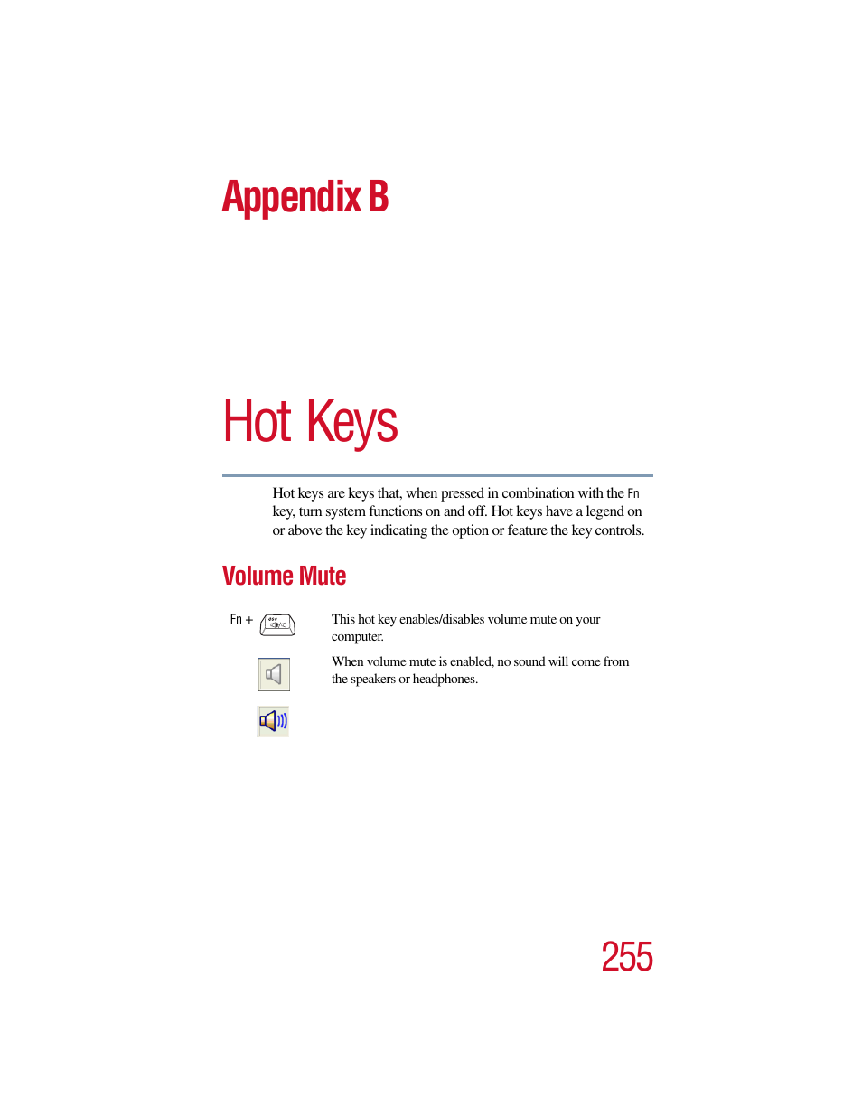 Appendix b - hot keys, Volume mute, Appendix b: hot keys | Hot keys, Appendix b | Toshiba Satellite Pro 6000 Series User Manual | Page 255 / 295