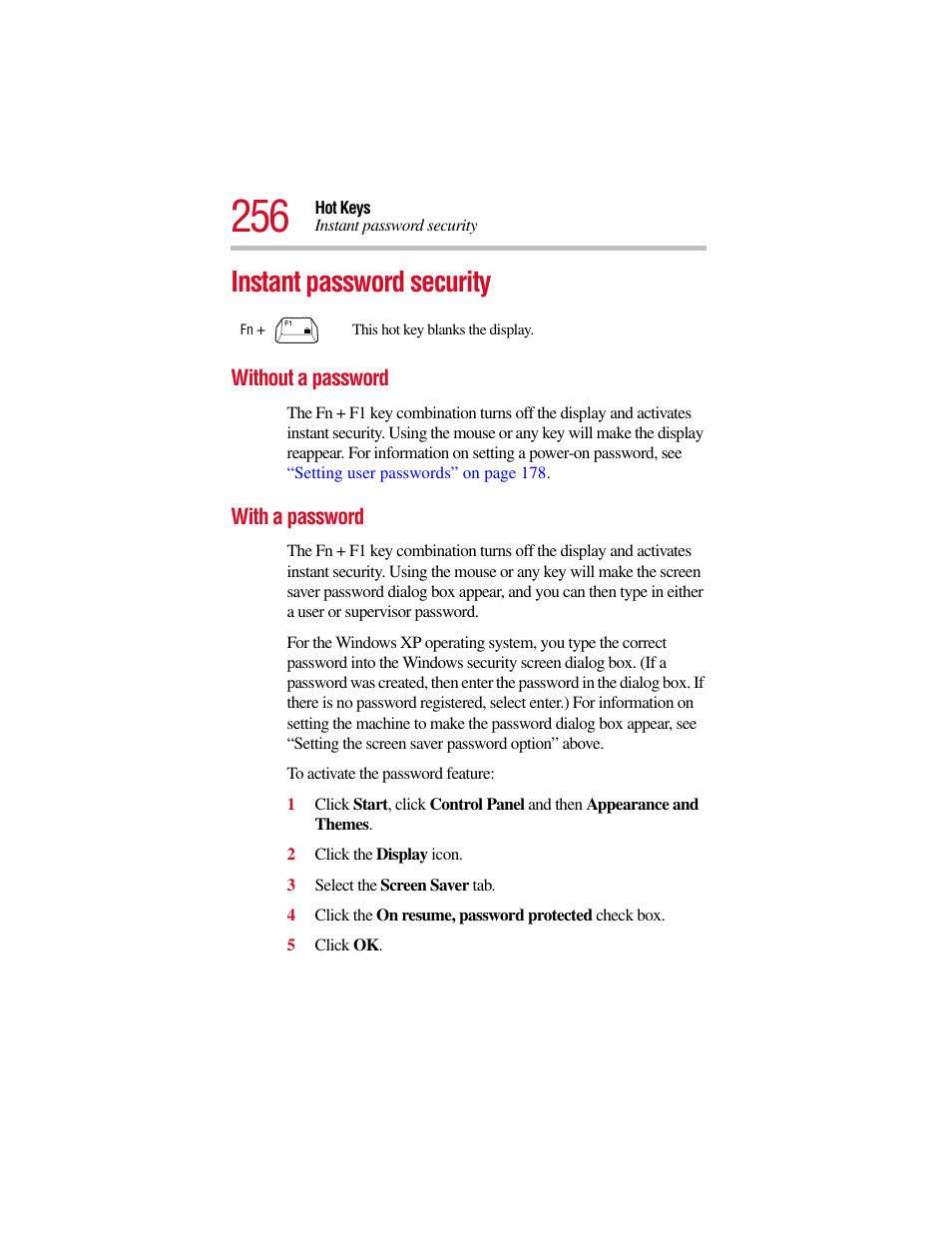 Instant password security | Toshiba Satellite Pro 6000 Series User Manual | Page 256 / 295