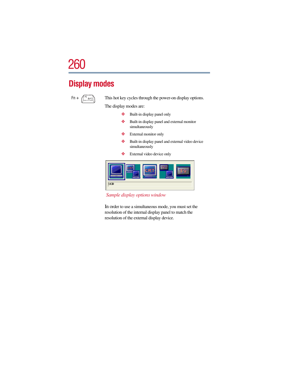 Display modes | Toshiba Satellite Pro 6000 Series User Manual | Page 260 / 295