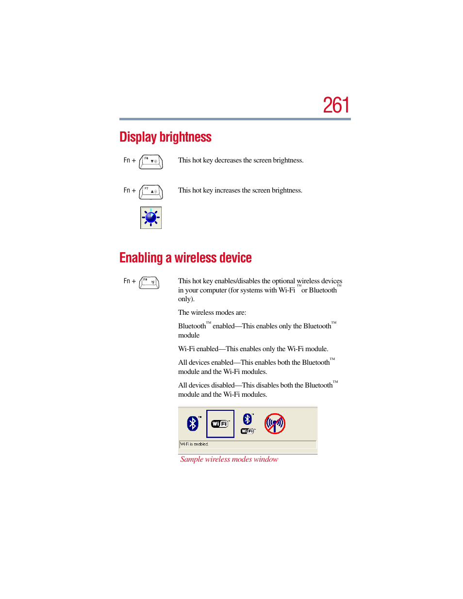 Display brightness, Enabling a wireless device, Display brightness enabling a wireless device | Toshiba Satellite Pro 6000 Series User Manual | Page 261 / 295