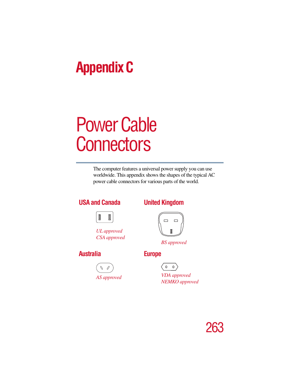 Appendix c - power cable connectors, Appendix c: power cable connectors, Power cable connectors | Appendix c | Toshiba Satellite Pro 6000 Series User Manual | Page 263 / 295