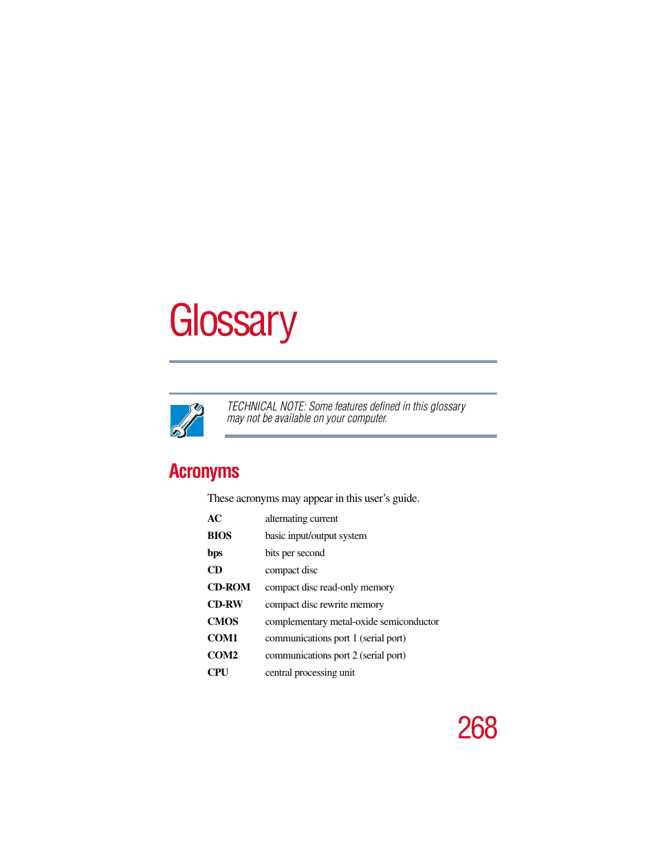 Glossary, Acronyms | Toshiba Satellite Pro 6000 Series User Manual | Page 268 / 295
