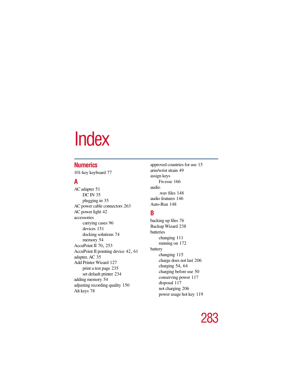 Index, Numerics | Toshiba Satellite Pro 6000 Series User Manual | Page 283 / 295