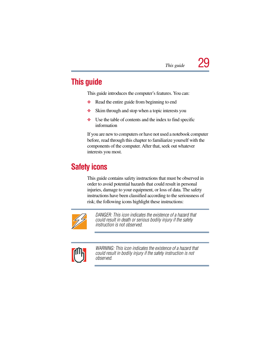 This guide, Safety icons, This guide safety icons | Toshiba Satellite Pro 6000 Series User Manual | Page 29 / 295