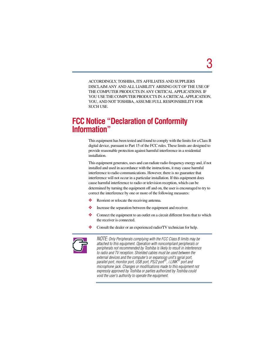 Fcc notice “declaration of conformity information | Toshiba Satellite Pro 6000 Series User Manual | Page 3 / 295