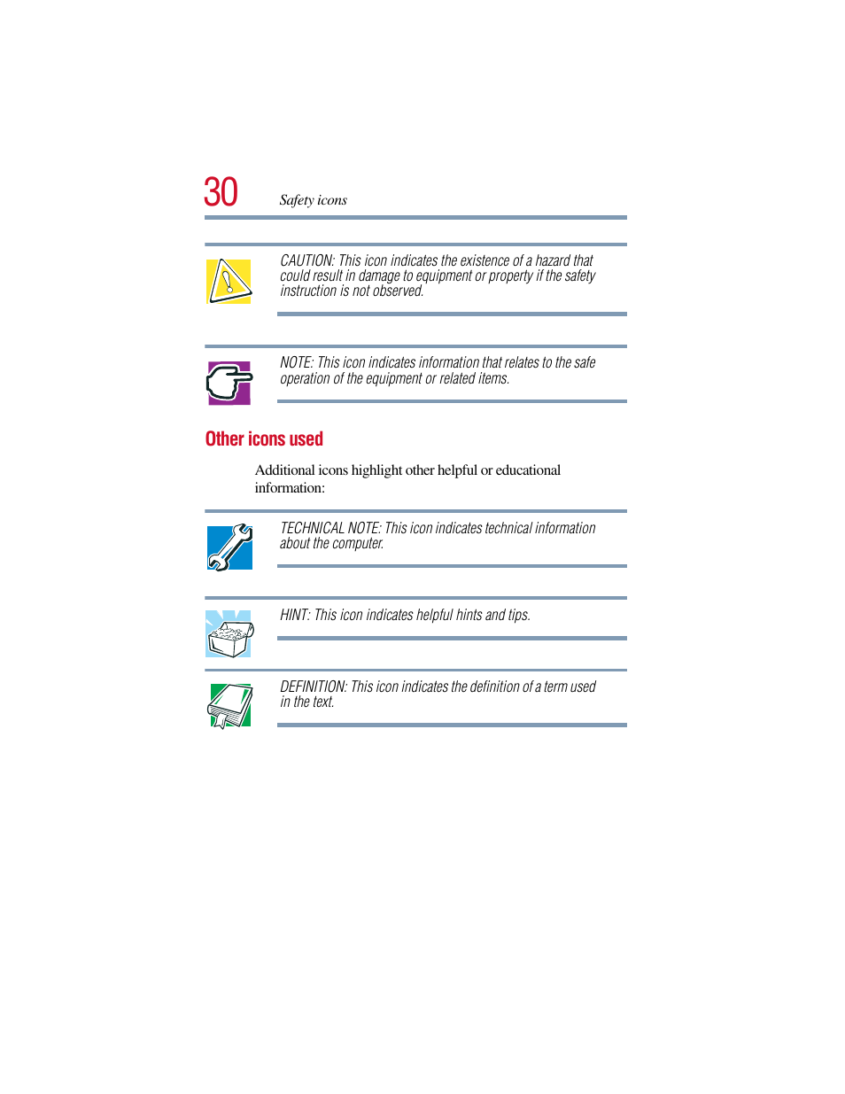 Other icons used | Toshiba Satellite Pro 6000 Series User Manual | Page 30 / 295