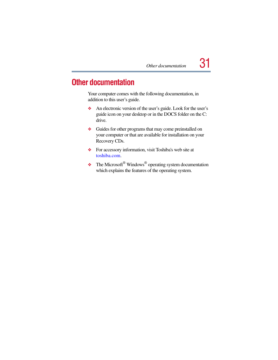 Other documentation | Toshiba Satellite Pro 6000 Series User Manual | Page 31 / 295