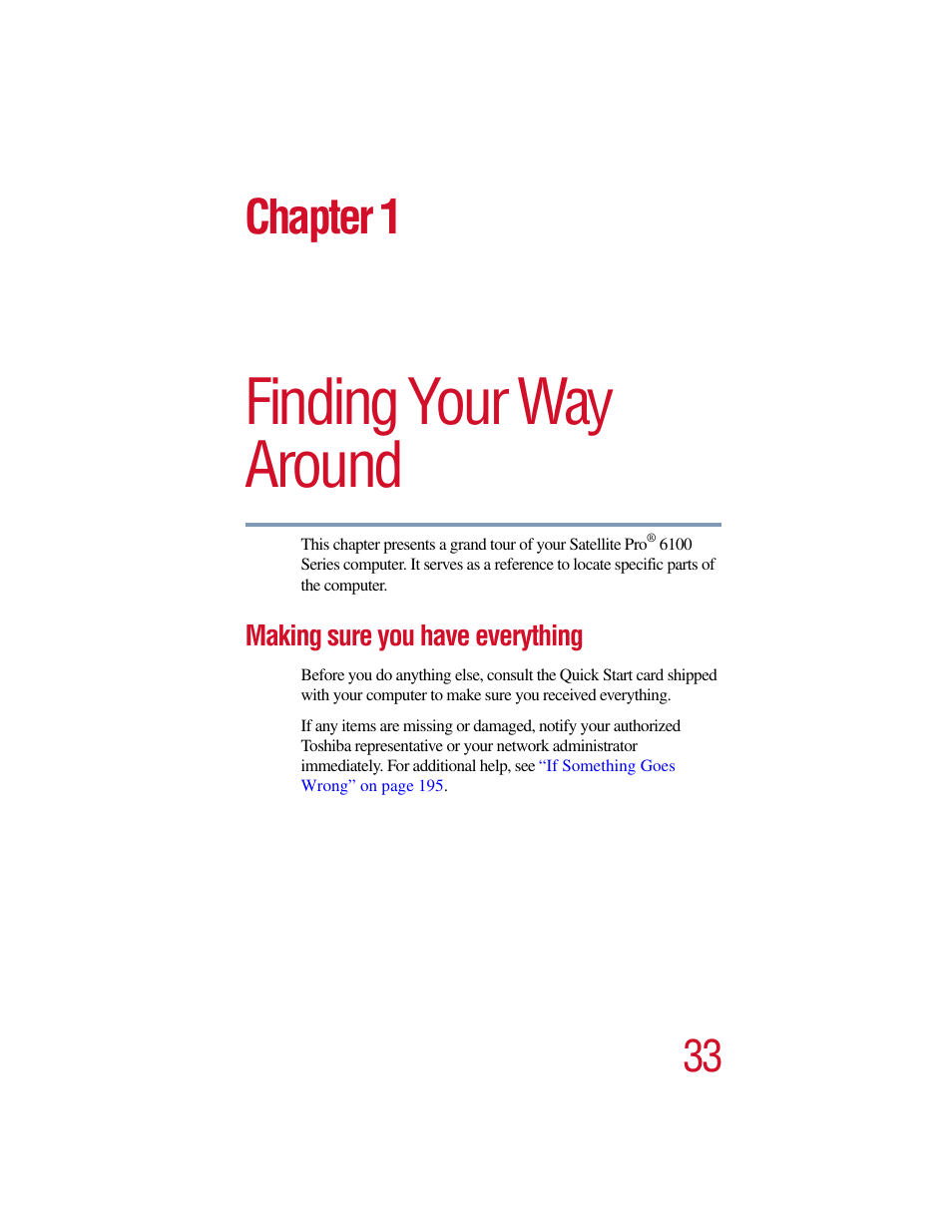 Chapter 1 - finding your way around, Making sure you have everything, Chapter 1: finding your way around | Finding your way around, Chapter 1 | Toshiba Satellite Pro 6000 Series User Manual | Page 33 / 295