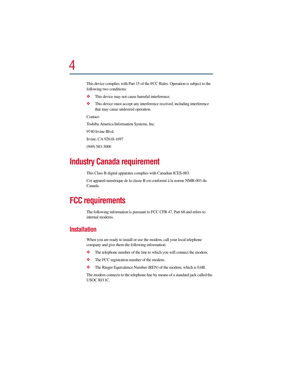 Industry canada requirement, Fcc requirements, Installation | Toshiba Satellite Pro 6000 Series User Manual | Page 4 / 295