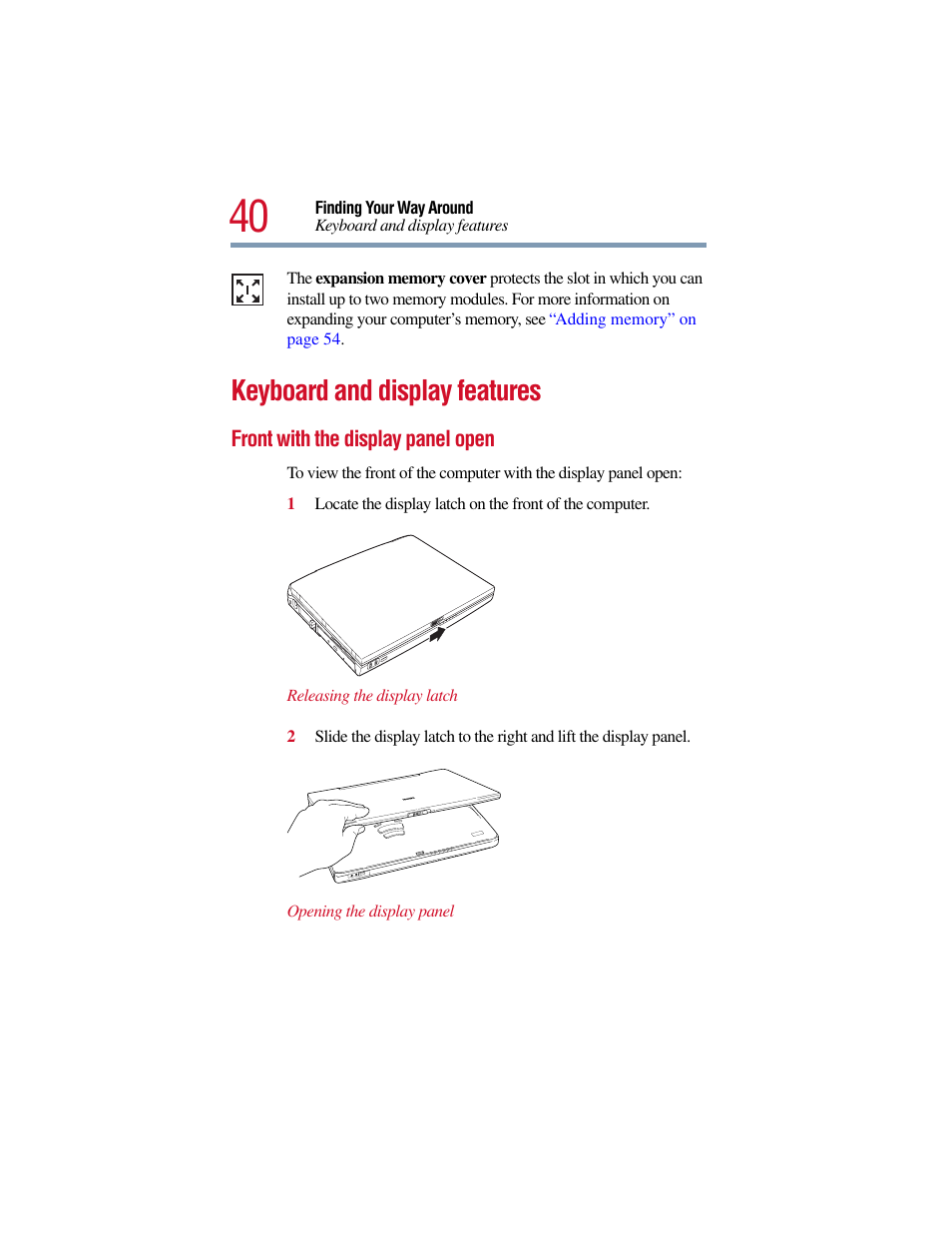 Keyboard and display features, Front with the display panel open, Keyboard and display features” on | Toshiba Satellite Pro 6000 Series User Manual | Page 40 / 295