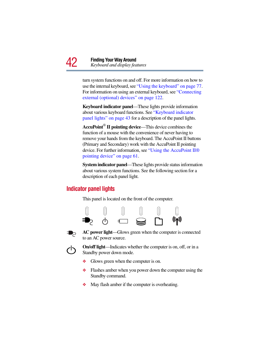 Indicator panel lights | Toshiba Satellite Pro 6000 Series User Manual | Page 42 / 295
