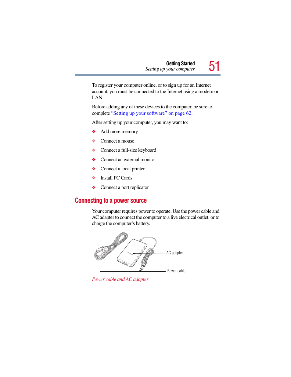 Connecting to a power source | Toshiba Satellite Pro 6000 Series User Manual | Page 51 / 295