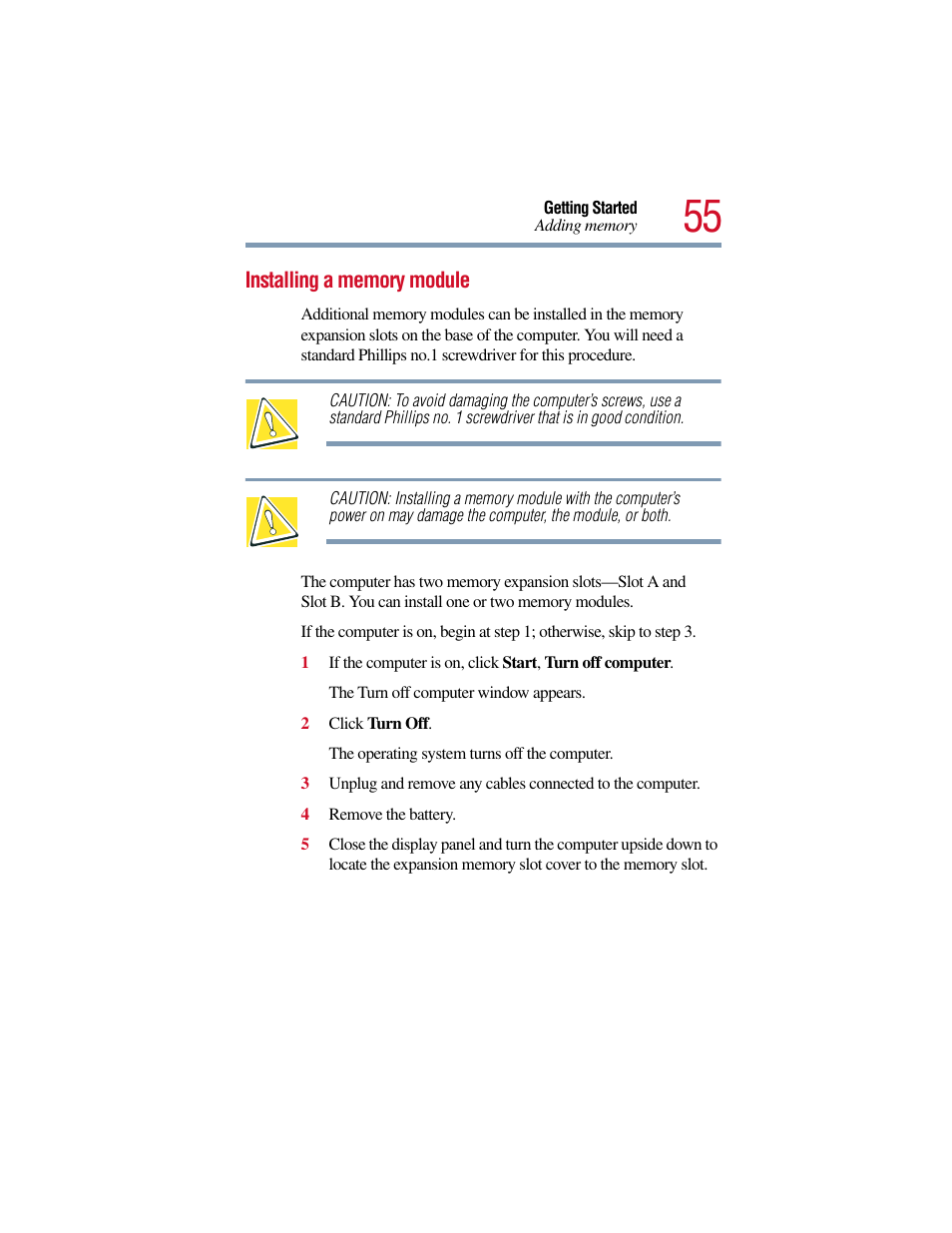 Installing a memory module | Toshiba Satellite Pro 6000 Series User Manual | Page 55 / 295