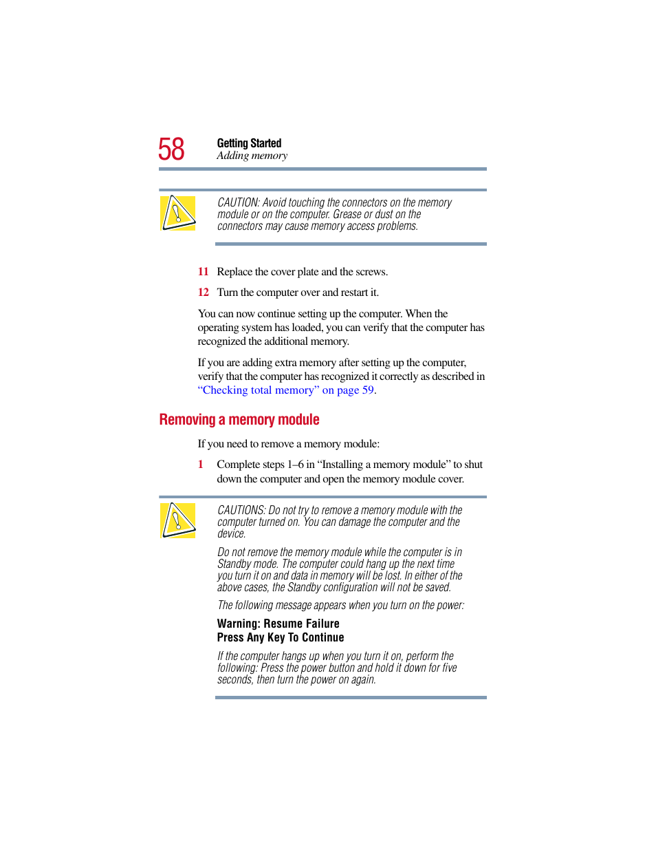 Removing a memory module | Toshiba Satellite Pro 6000 Series User Manual | Page 58 / 295