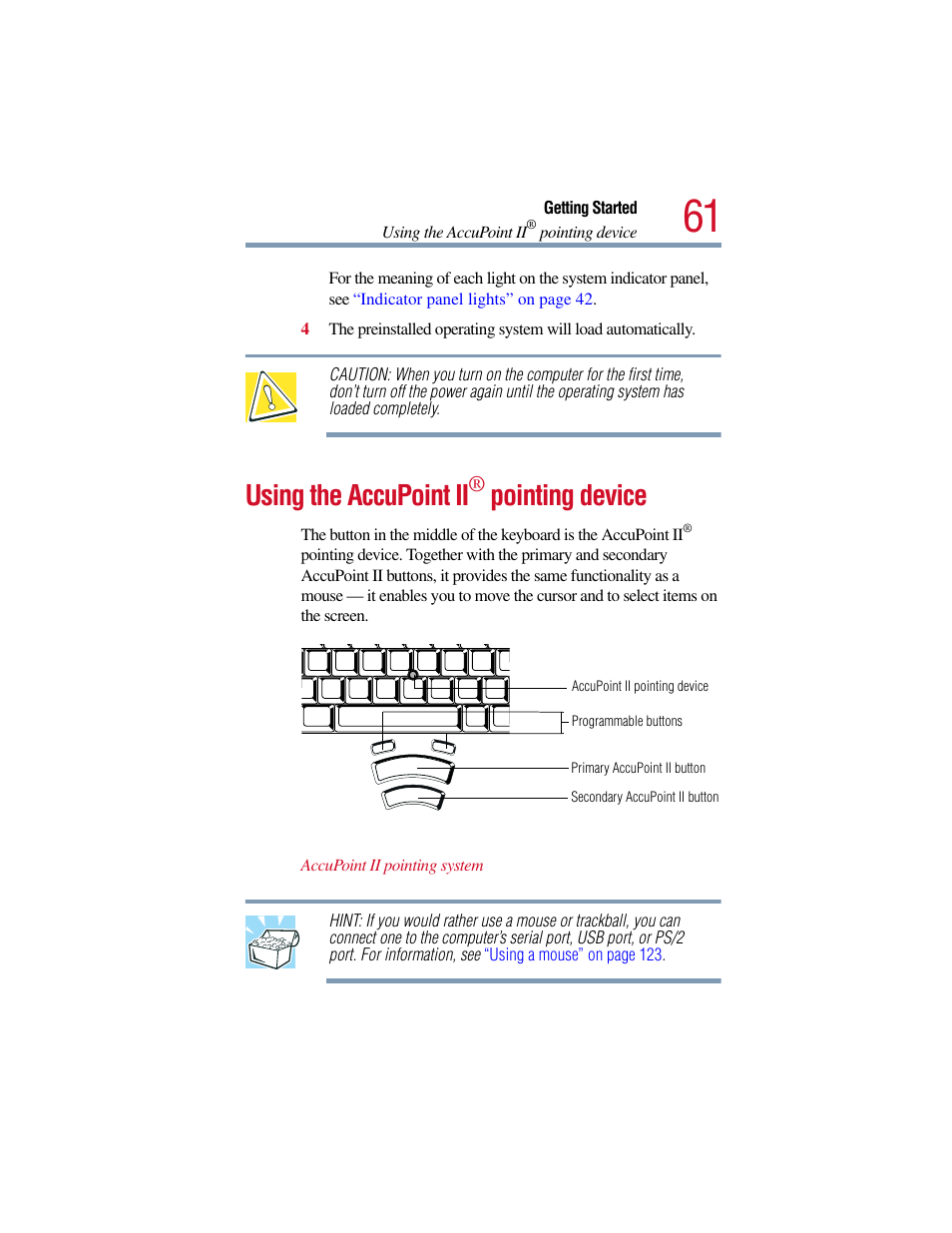 Using the accupoint ii® pointing device, Using the accupoint ii, Pointing device | Toshiba Satellite Pro 6000 Series User Manual | Page 61 / 295