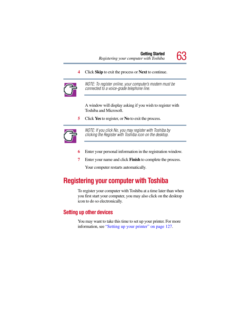 Registering your computer with toshiba, Setting up other devices | Toshiba Satellite Pro 6000 Series User Manual | Page 63 / 295