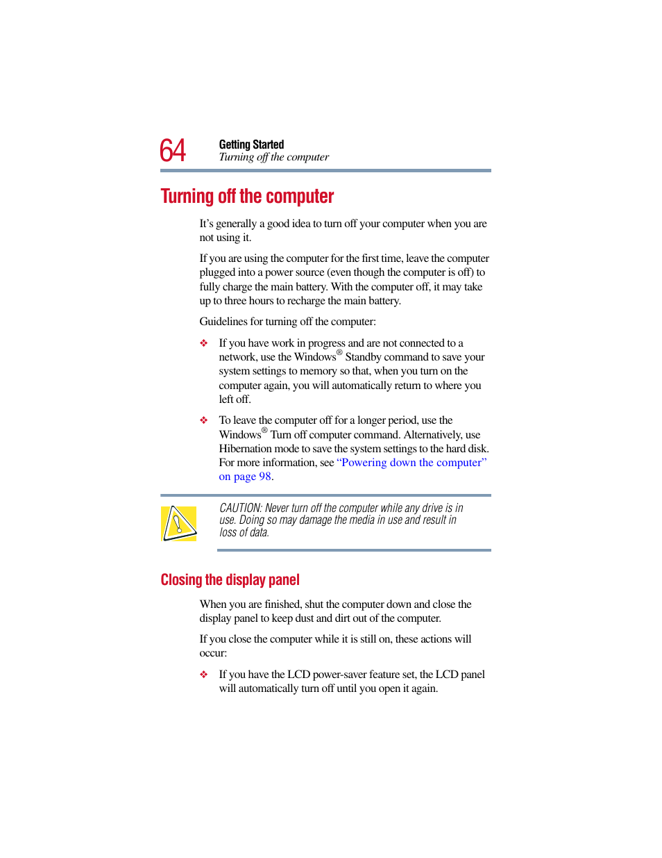 Turning off the computer, Closing the display panel | Toshiba Satellite Pro 6000 Series User Manual | Page 64 / 295