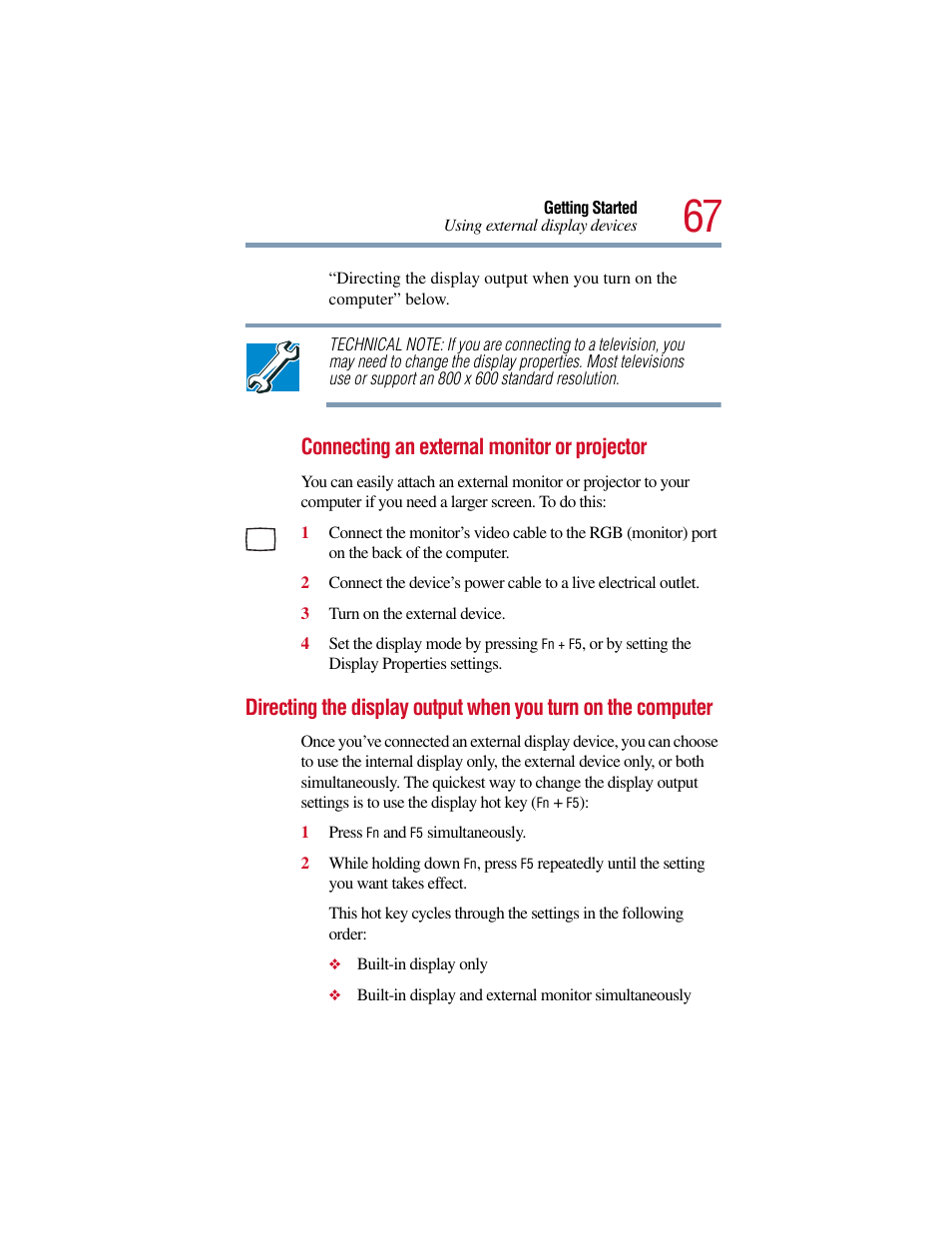 Connecting an external monitor or projector | Toshiba Satellite Pro 6000 Series User Manual | Page 67 / 295