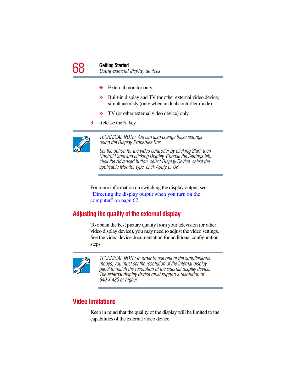 Adjusting the quality of the external display, Video limitations | Toshiba Satellite Pro 6000 Series User Manual | Page 68 / 295