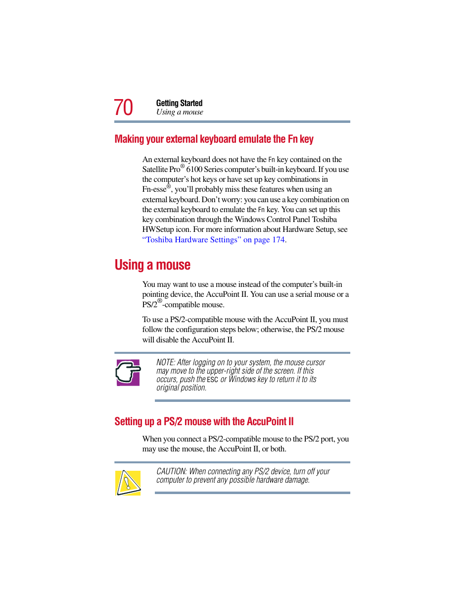 Making your external keyboard emulate the fn key, Using a mouse, Setting up a ps/2 mouse with the accupoint ii | Toshiba Satellite Pro 6000 Series User Manual | Page 70 / 295