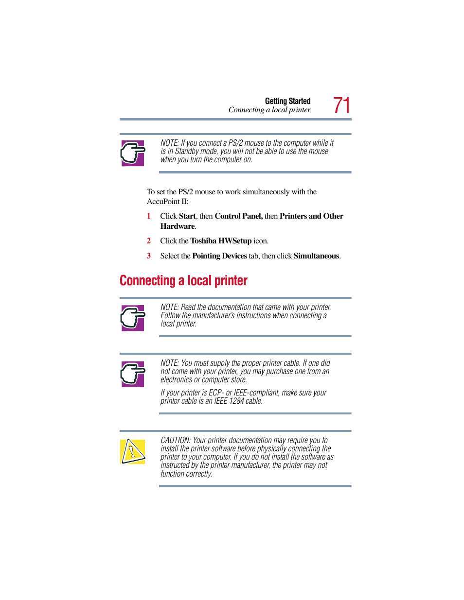 Connecting a local printer | Toshiba Satellite Pro 6000 Series User Manual | Page 71 / 295
