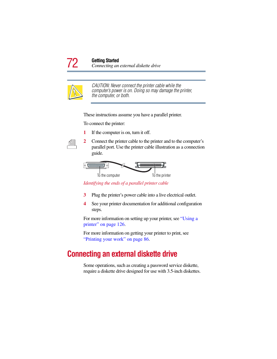 Connecting an external diskette drive | Toshiba Satellite Pro 6000 Series User Manual | Page 72 / 295