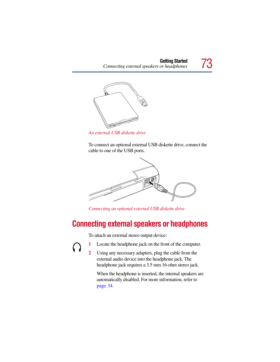 Connecting external speakers or headphones | Toshiba Satellite Pro 6000 Series User Manual | Page 73 / 295