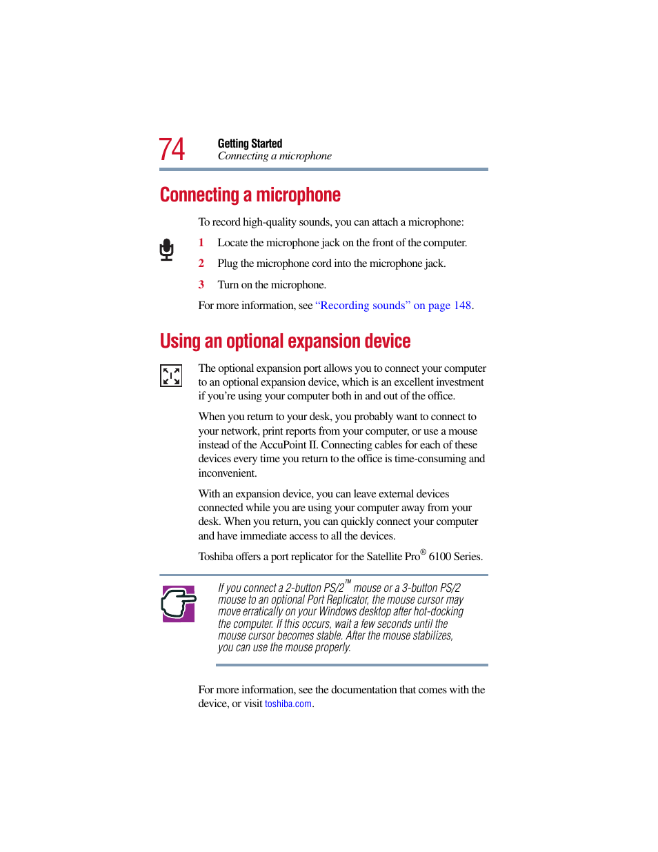 Connecting a microphone, Using an optional expansion device | Toshiba Satellite Pro 6000 Series User Manual | Page 74 / 295
