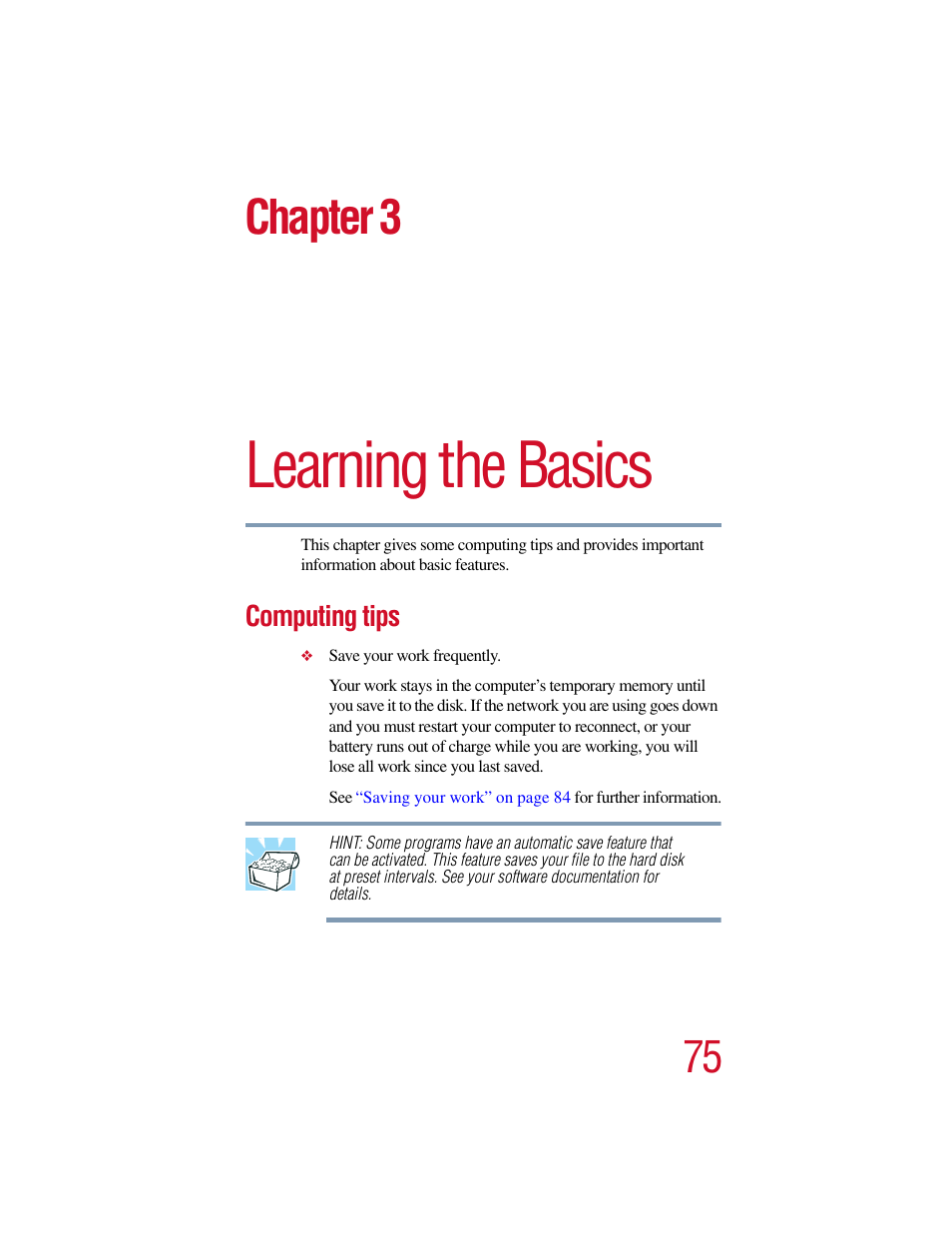 Chapter 3 - learning the basics, Computing tips, Chapter 3: learning the basics | Learning the basics, Chapter 3 | Toshiba Satellite Pro 6000 Series User Manual | Page 75 / 295