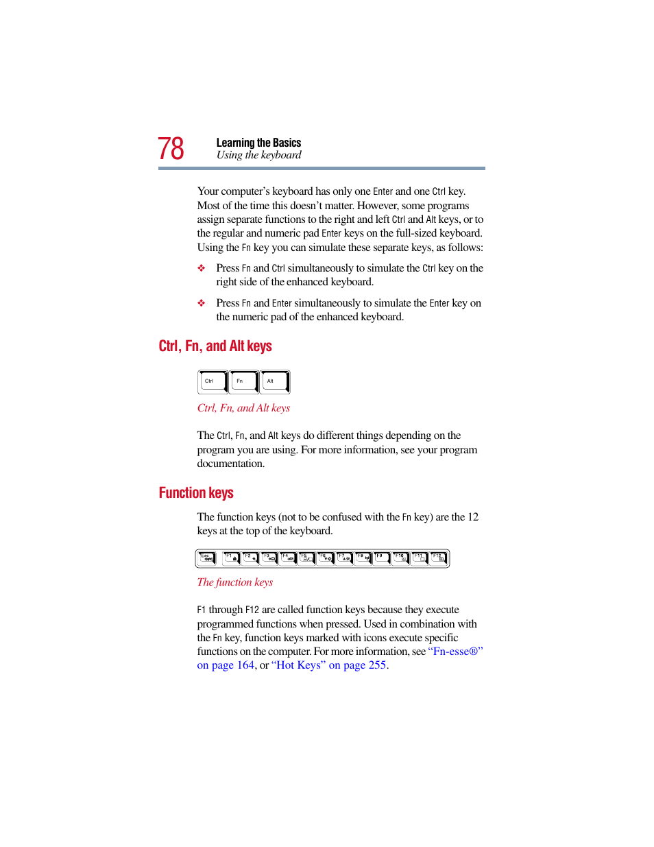 Ctrl, fn, and alt keys, Function keys, Ctrl, fn, and alt keys function keys | Toshiba Satellite Pro 6000 Series User Manual | Page 78 / 295